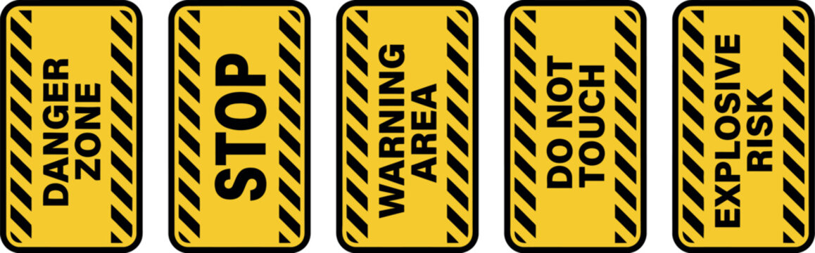 Vertical Industrial Danger Zone Stop Warning Area Do Not Touch Explosive Risk Yellow Black Stripe Safety Sign Set for Workplace Construction Design
