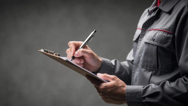 Professional worker in gray uniform writing on clipboard with pen isolated on gray background