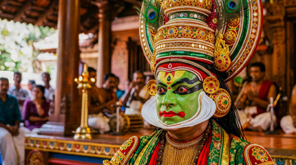 Fototapeta premium Kathakali dance, Kerala culture, Kerala heritage, Indian classical dance, Kerala tourism, Indian tradition, heritage art, face painting, colorful costume, folk theatre, Malayalam culture, Navarasas.