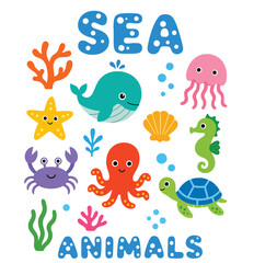 Fototapeta premium Cute cartoon sea animals and underwater life elements pack.