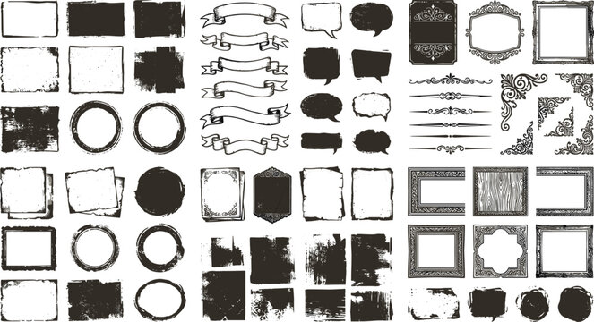 Vintage Black Grunge Frame and Vignette Vector Set with Distressed Geometric Borders, Retro Scroll Banners, Speech Bubbles, and Textured Filigree Text Dividers