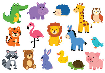 Naklejka premium Adorable cartoon zoo and domestic animals mega bundle.