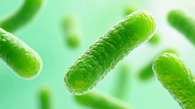 Green rodshaped bacteria under microscope