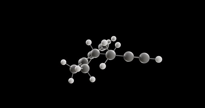 Rasagiline molecule, rotating 3D model of antiparkinsonian agent, looped video on a black background
