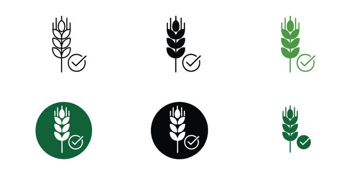 Gluten free wheat ear icons. check marks inside circle frames for food certification, healthy eating, dietary labeling, and nutrition awareness.