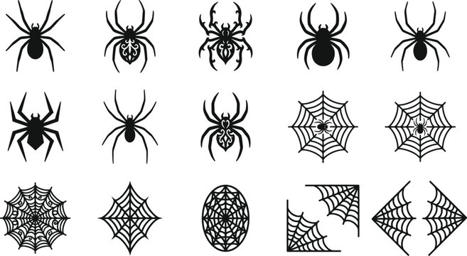Halloween vector bundle black spiders and spider webs illustrations for spooky decor