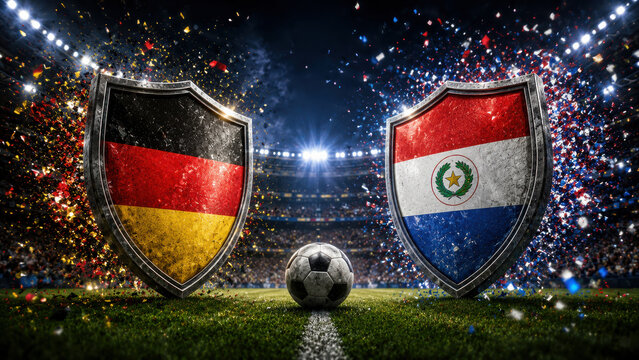 Germany verses Paraguay. International soccer match with country flags