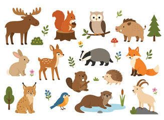 Naklejka premium Cute wild animals in the forest landscape background.