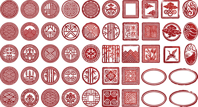 Traditional Chinese Red Ink Stamp Vector Set with Distressed Oriental Seals, Asian Cultural Monograms, Floral Motifs, and Geometric Frame Borders