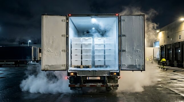 Industrial refrigerated delivery truck trailer doors open at night with heavy deep freeze.