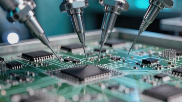 Close up of automated machinery assembling electronic circuit board with microchips and precision tools in factory