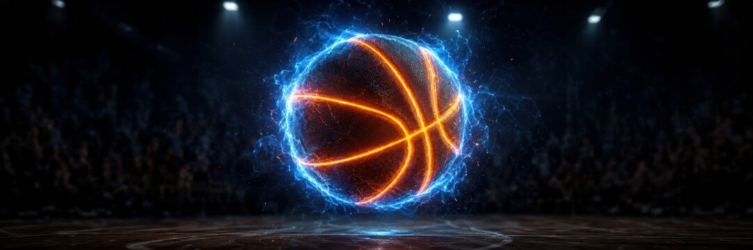 Glowing basketball in arena with copy space