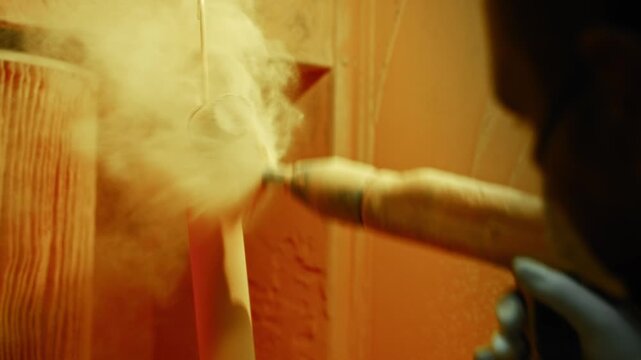 Worker spraying powder coating onto suspended cylindrical automotive component inside enclosed booth with warm amber light, fine particles drifting around metal surface during careful finishing