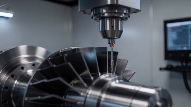 High precision CNC machine inspecting turbine blade in modern industrial manufacturing facility