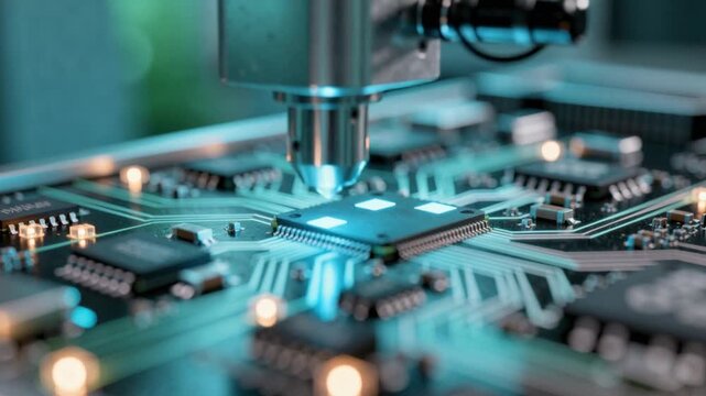 Close up of advanced microchip processing on circuit board with glowing technology components