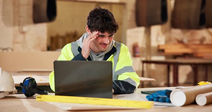 Stress, architect and headache at workshop with laptop, glitch and design error for architecture. Man, migraine and tech with technical issues, safety concern and project rejection for construction