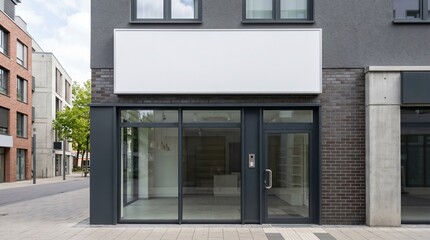 Fototapeta premium Blank white storefront sign mockup mounted above modern retail entrance on quiet city shopping street, commercial façade