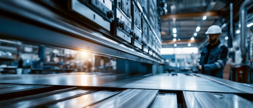 Factory worker operating a press brake machine for sheet metal fabrication