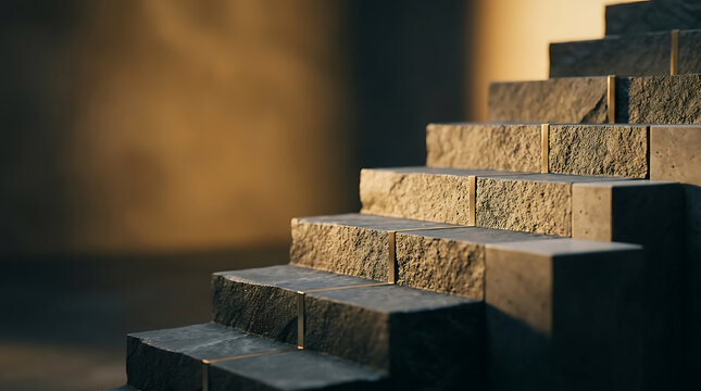 Close up of stone staircase steps with brass inlay detail and warm golden hour lighting