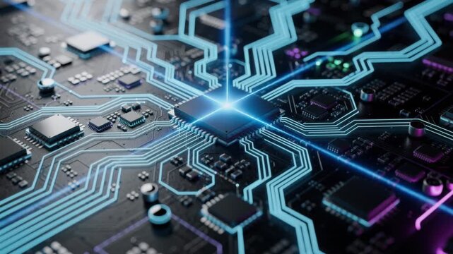Close up of futuristic glowing computer circuit board with microchips and blue neon lines