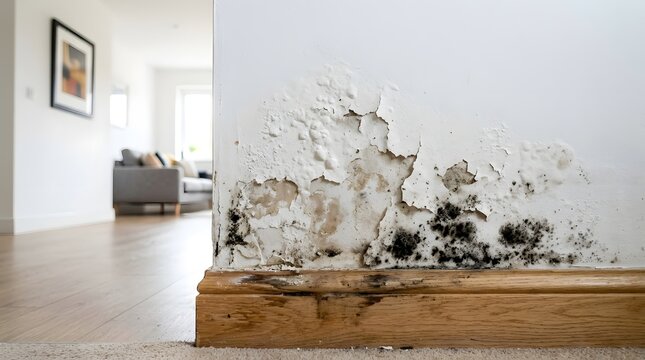 Mold and water damage on interior wall with peeling paint and dark spots.
