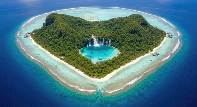 A stunning aerial view of a secluded heart-shaped tropical atoll featuring dense green jungle canopies and vibrant cascading waterfalls, exotic, scenic, atoll
