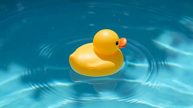 High Angle Close-Up of Classic Yellow Rubber Duck Floating in Water
