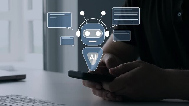 AI virtual assistant with chatbot interface helping users through real-time messaging. Modern business communication, automated support, intelligent responses and digital transformation concept.