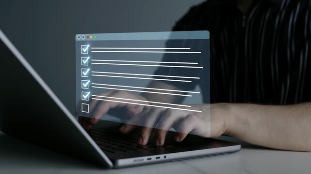 Online survey questionnaire with digital feedback form, customer evaluation and business assessment concept. Filling form, research analytics, technology interface and data review.