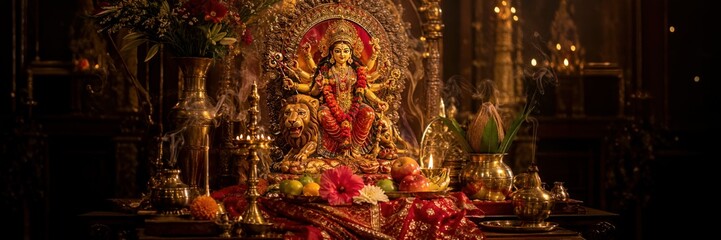 Obraz premium Lakshmi puja altar with lamps and flowers