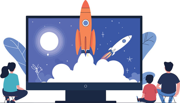 People watching rockets launching into space on a large computer screen display