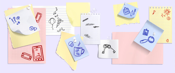 Fototapeta na wymiar Retro paper notebook page elements with adhesive tape strips, torn edges texture, pins, realistic vector background. Scrapbook stickers, curled memo notes with doodle scribbles, collage school frames
