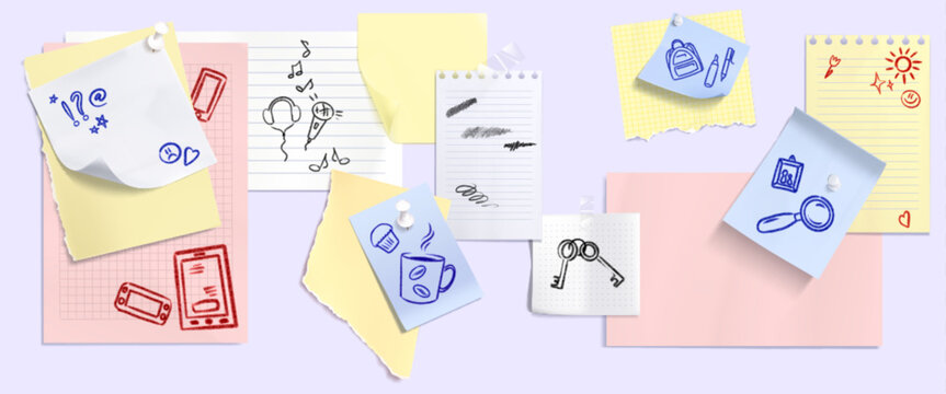 Retro paper notebook page elements with adhesive tape strips, torn edges texture, pins, realistic vector background. Scrapbook stickers, curled memo notes with doodle scribbles, collage school frames