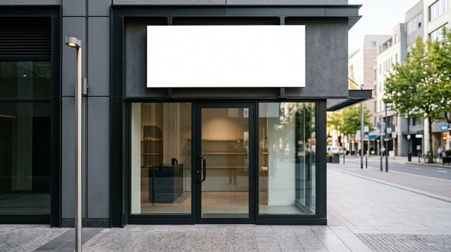Blank white storefront sign mockup mounted above modern retail entrance on quiet city shopping street, commercial fa&ccedil;ade