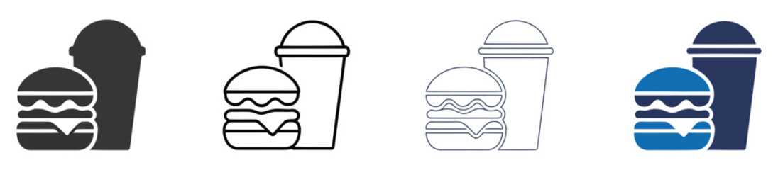 Fototapeta premium Fast Food Meal Icon Set Featuring Burgers and Drink Cups for Restaurant Menus, Takeaway, Delivery and Food Service Applications, Vector Designs