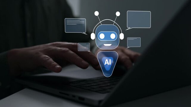 Intelligent AI assistant interacting with users through a chatbot interface. Modern communication, automated customer service, business efficiency, digital workflow and advanced technology concept.