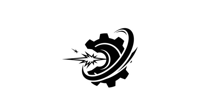Mechanical gear logo with explosive spark and rotation effect.