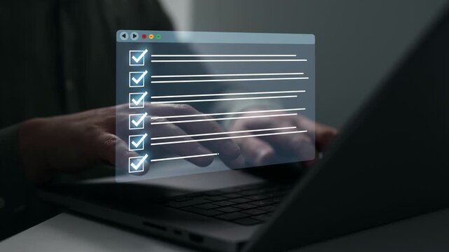 Businessman in computer doing online data documentation checklist survey. Fast checklist,clipboard task business management.Productivity checklist and filling survey form online.