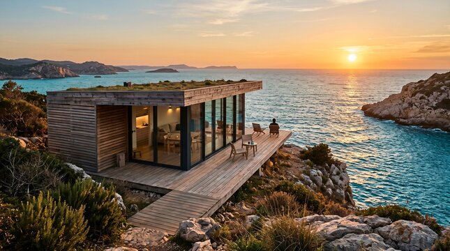 Modern wooden cabin on coastal cliff at sunset with ocean view