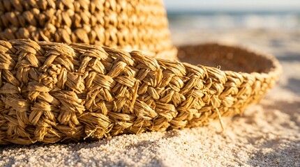 Obraz premium Woven straw hat brim resting on bright white sand beach during golden hour evoking summer vacation travel relaxation