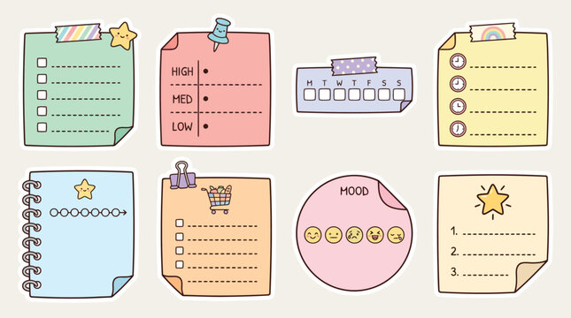 Kawaii Cute Functional Planner Sticker Set Pastel Notepad Checklist Weekly Schedule Mood Tracker Shopping List Priority Organizer Journal Design
