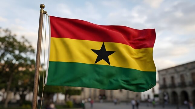 Ghana national flag proudly waving in wind against blurred outdoor background.