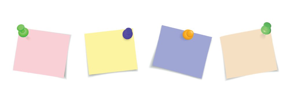 Colorful paper note scraps with pushpins for office reminders and scrapbooking design