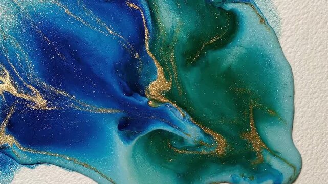 Seamless looping motion background of watercolor abstract animation with bleeding turquoise sapphire gold teal emerald colors