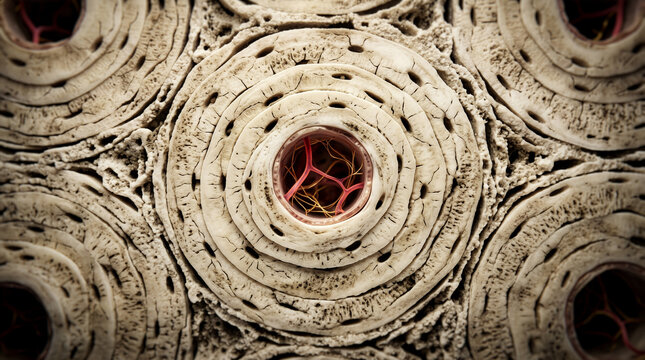 Microscopic 3D Render of Human Bone Tissue Showing Osteon Structure and Haversian Canal