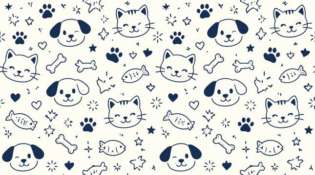Cute cartoon cat and dog faces with paw prints and bones on white background