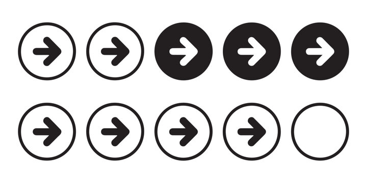 Set of right arrow in circle vector icon design. next button symbol, play icon, go sign, forward arrow.