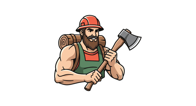 Strong muscular woodcutter wearing safety hard hat and carrying backpack roll holds sharp axe over white background.
