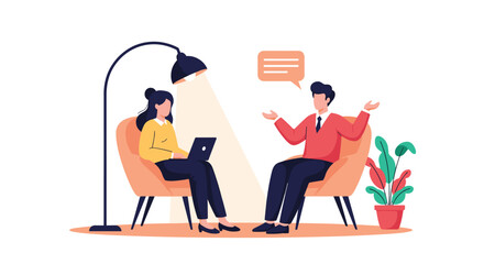 Fototapeta premium Psychological therapy session or business interview between a female psychologist and a talking male patient.