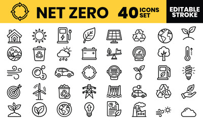 Professional collection of forty net zero line icons promoting environmental sustainability and green energy on a bright clean backdrop. © MSTSIMA